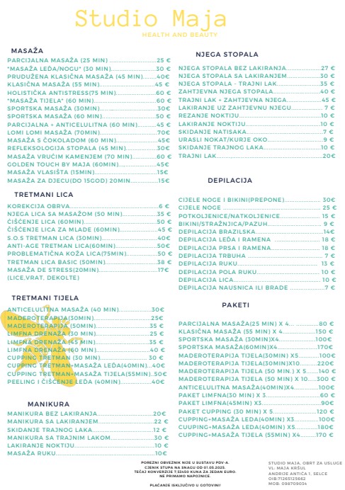 Cjenik usluga Studio Maja